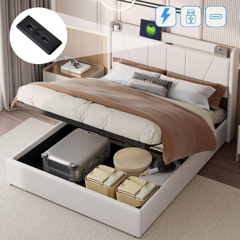 Bej Keten Metal İskeletli USB Şarj Portlu Hidrolik Kapitoneli Sandıklı Baza - 140x190 cm - 144005