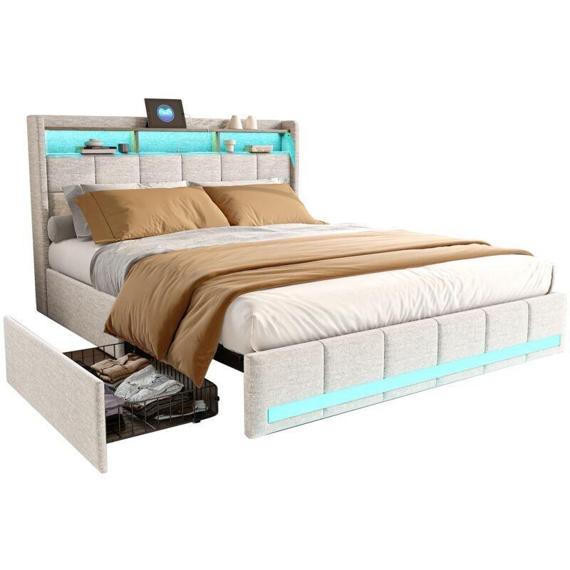 Bej Keten Metal LED Işıklı USB Portlu 4 Çekmeceli Raflı Baza - 140x190 cm - 143794