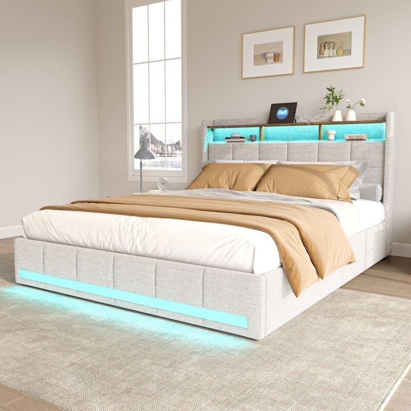 Bej Keten Metal LED Işıklı USB Portlu 4 Çekmeceli Raflı Baza - 140x190 cm - 143794