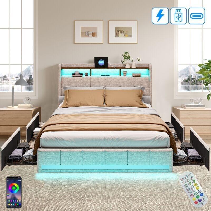 Bej Keten Metal LED Işıklı USB Portlu 4 Çekmeceli Raflı Baza - 140x190 cm - 143794