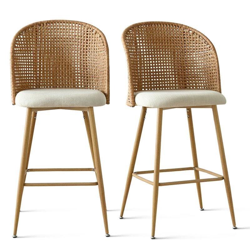 Bej Keten Metal Rattan Sırtlı Kolçaklı 2li Set Hasır Bar Sandalyesi - 72 cm - 148197