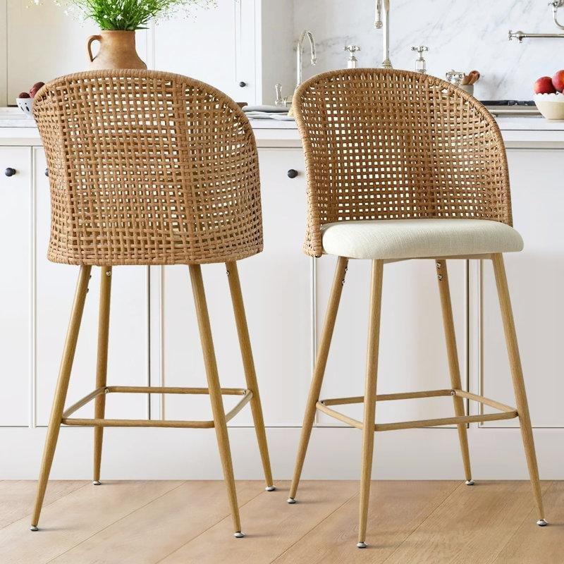 Bej Keten Metal Rattan Sırtlı Kolçaklı 2li Set Hasır Bar Sandalyesi - 72 cm - 148197