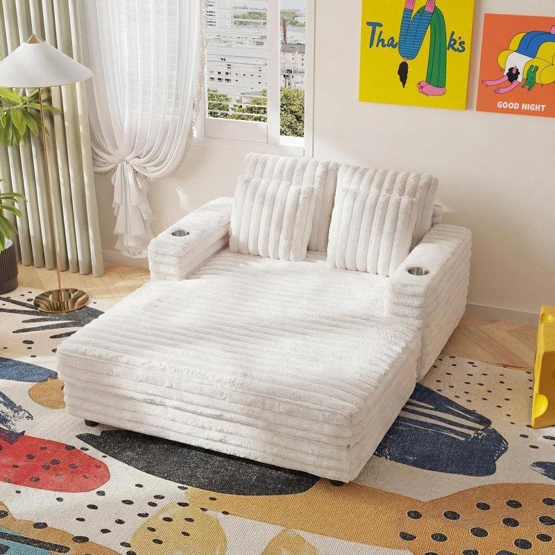 Bej Kumaş Bardaklıklı ve 4 Yastıklı Masif Ahşap Geniş Tekli Koltuk - 135 cm - 156412