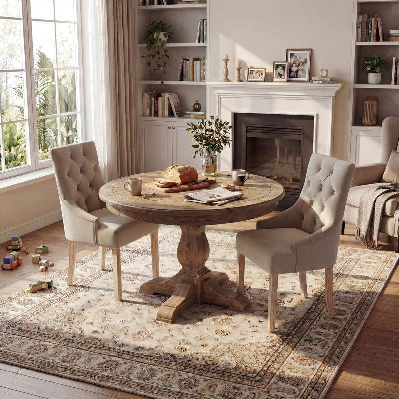 Bej Kumaş Döşemeli Ahşap Ayaklı Kapitoneli Chester Sandalye 2li Set - 145761