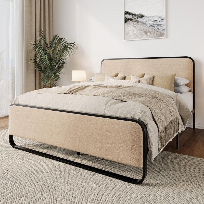 Bej Kumaş Döşemeli Başlıklı Siyah Metal Platform Karyola - 143503