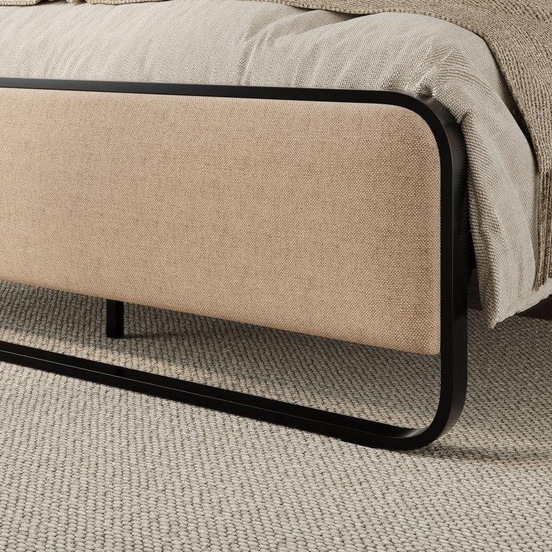 Bej Kumaş Döşemeli Başlıklı Siyah Metal Platform Karyola - 143503