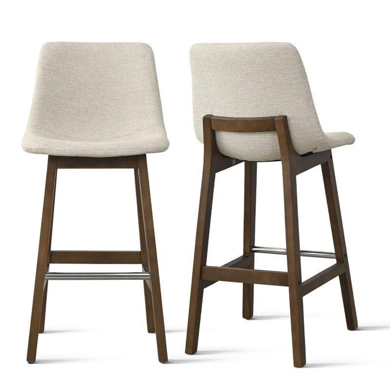 Bej Kumaş Döşemeli Masif Ahşap Alçak Sırtlı Bar Sandalyesi, 2'li Set - 72 cm - 148866