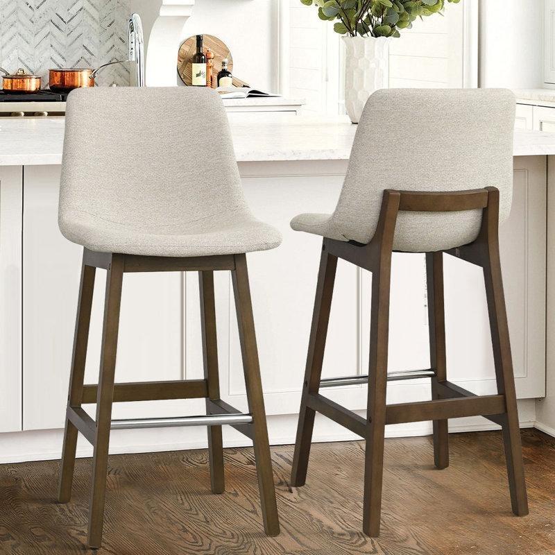Bej Kumaş Döşemeli Masif Ahşap Alçak Sırtlı Bar Sandalyesi, 2%27li Set - 72 cm - 148866