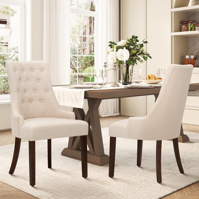 Bej Kumaş Döşemeli Masif Ahşap Ayaklı Kapitoneli Kulaklı Sandalye 2li Set - 146580