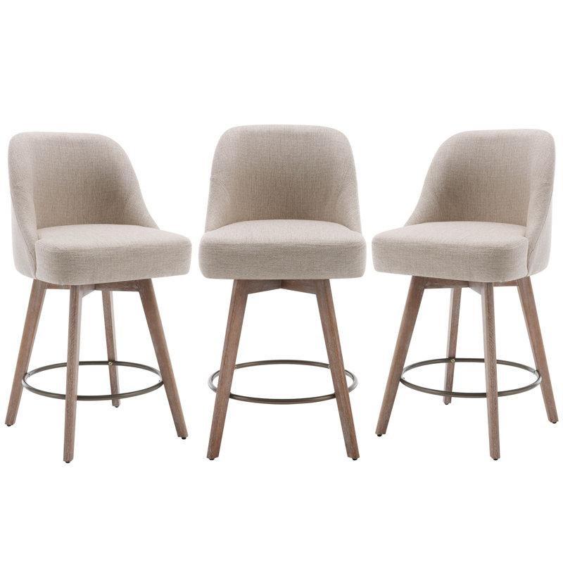 Bej Kumaş Döşemeli Masif Kayın Ağacı Döner 3lü Set Retro Bar Sandalyesi - 66 cm - 148470