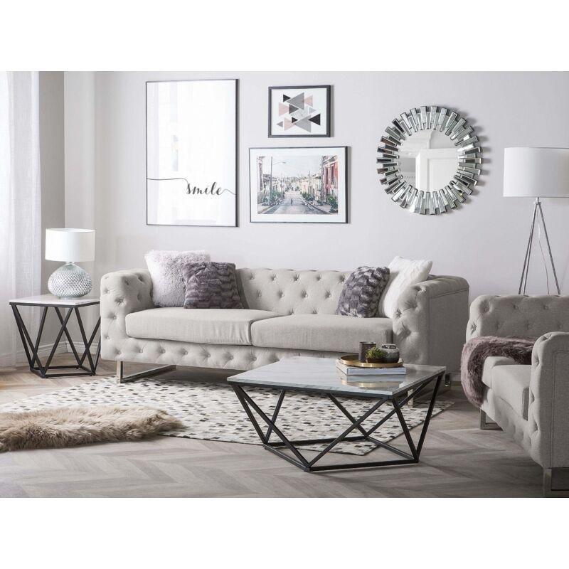 Bej Kumaş Paslanmaz Çelik Ayaklı Kapitoneli Chesterfield 3 Kişilik Koltuk - 215 cm - 152618