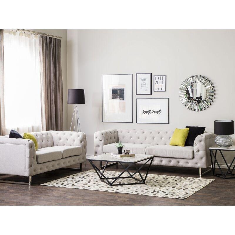 Bej Kumaş Paslanmaz Çelik Ayaklı Kapitoneli Chesterfield 5 Kişilik Koltuk Takımı - 154359