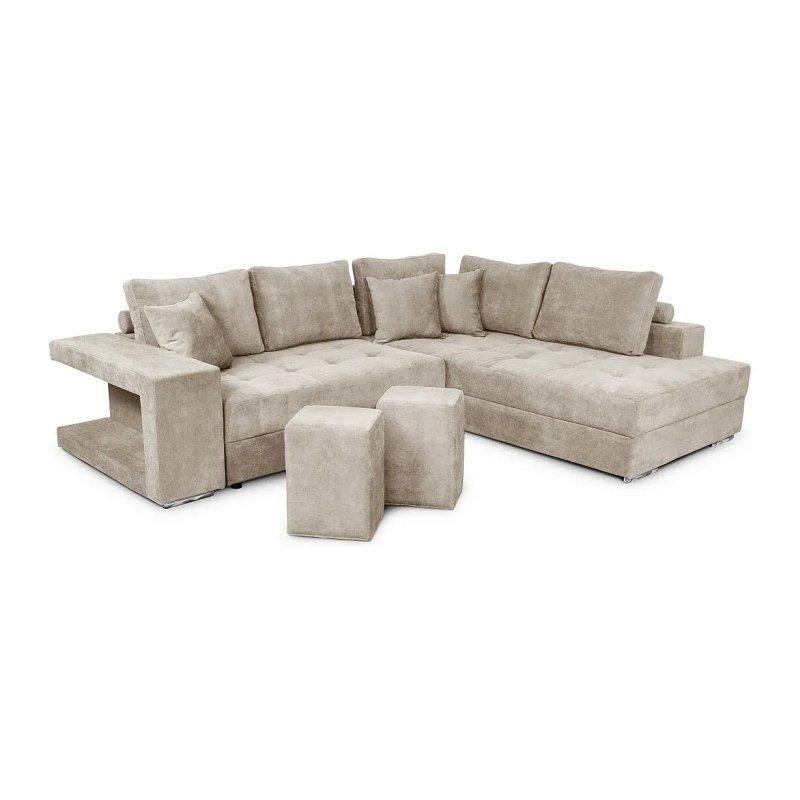 Bej Kumaş Yataklı Sandıklı ve 2 Puflu Sağ Köşe Koltuk - 288x224 cm - 155845
