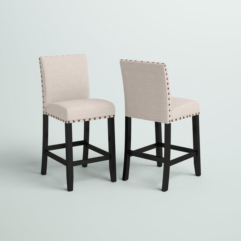 Bej Kumaş Zımba Detaylı Masif Ahşap 2li Bar Sandalyesi Seti - 147999