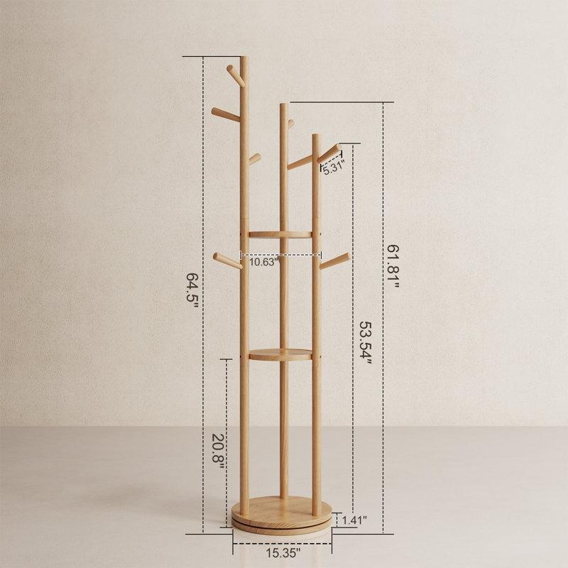 Bej Masif Ahşap 360° Dönebilen 9 Askılı 3 Raflı Portmanto Vestiyer - 164x39 cm - 161449