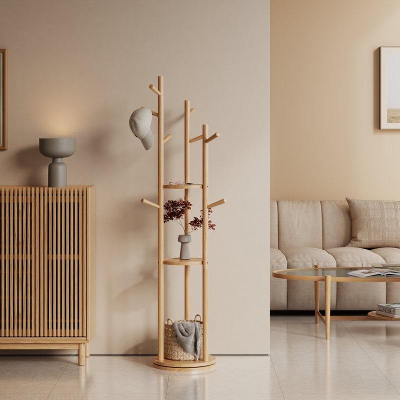 Bej Masif Ahşap 360° Dönebilen 9 Askılı 3 Raflı Portmanto Vestiyer - 164x39 cm - 161449