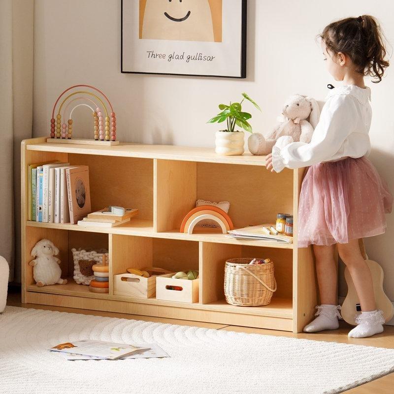 Bej Masif Ahşap 5 Bölmeli Raflı Montessori Oyuncak Dolabı - 114 cm - 150312