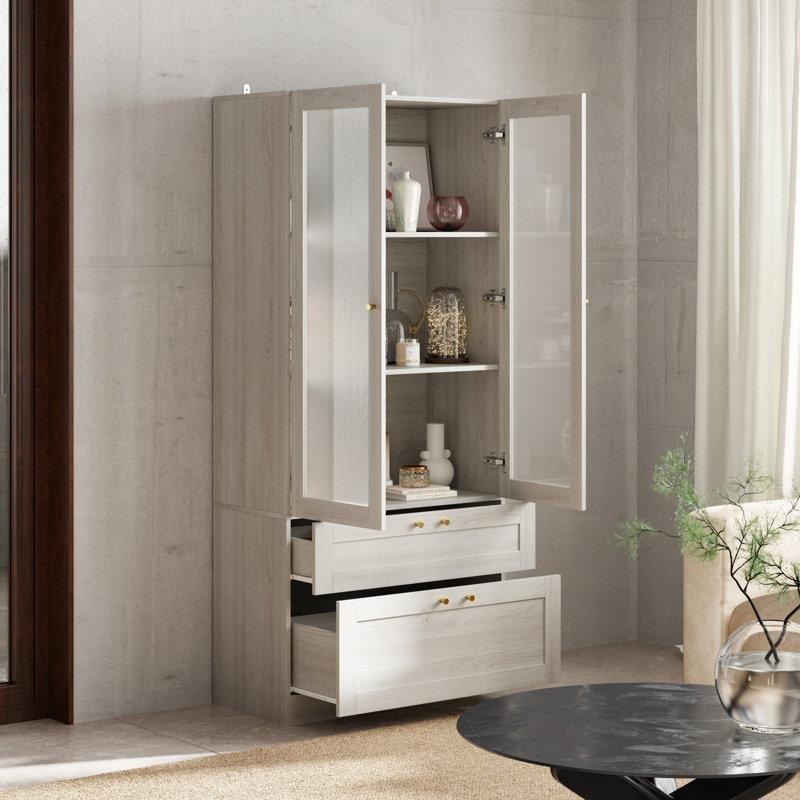 Bej Masif Ahşap Gold Kulplu Füme Camlı Çekmeceli Vitrin - Gümüşlük - 81x181 cm - 156805