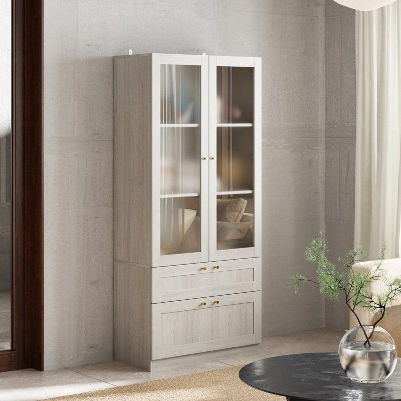 Bej Masif Ahşap Gold Kulplu Füme Camlı Çekmeceli Vitrin - Gümüşlük - 81x181 cm - 156805