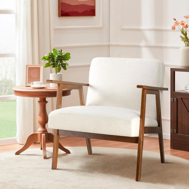 Bej Masif Ahşap İskeletli Kalın Minderli Berjer Koltuk - 156724