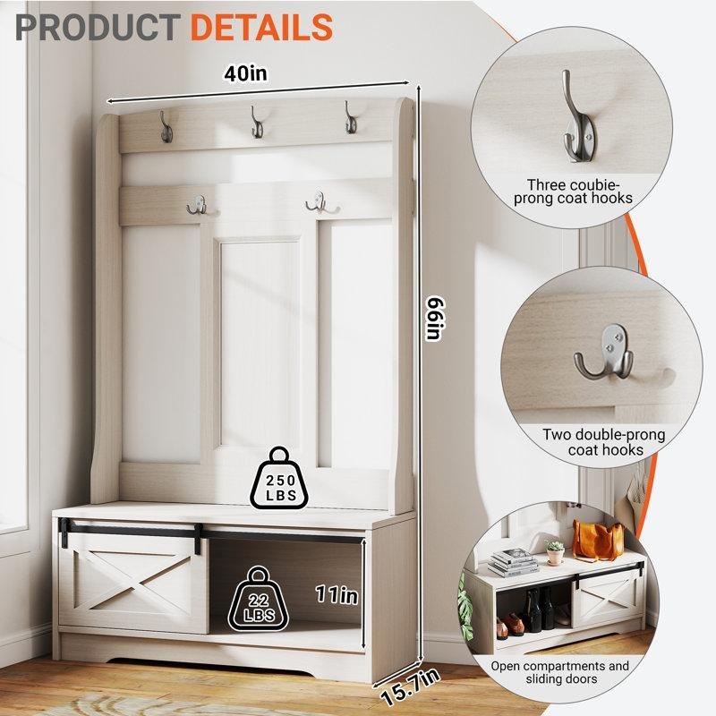 Bej Masif Ahşap Oturaklı ve Sürgü Kapaklı 5 Askılı Portmanto Vestiyer - 102 cm - 159589