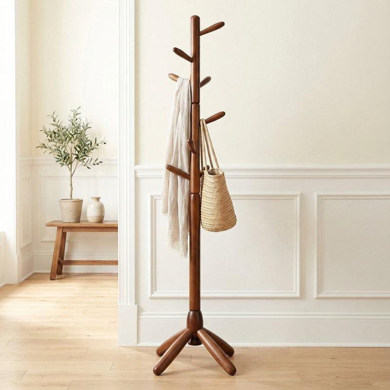 Bej Masif Kauçuk Ağacı Döner Başlıklı 5 Kancalı Ayaklı Portmanto Vestiyer - 161341