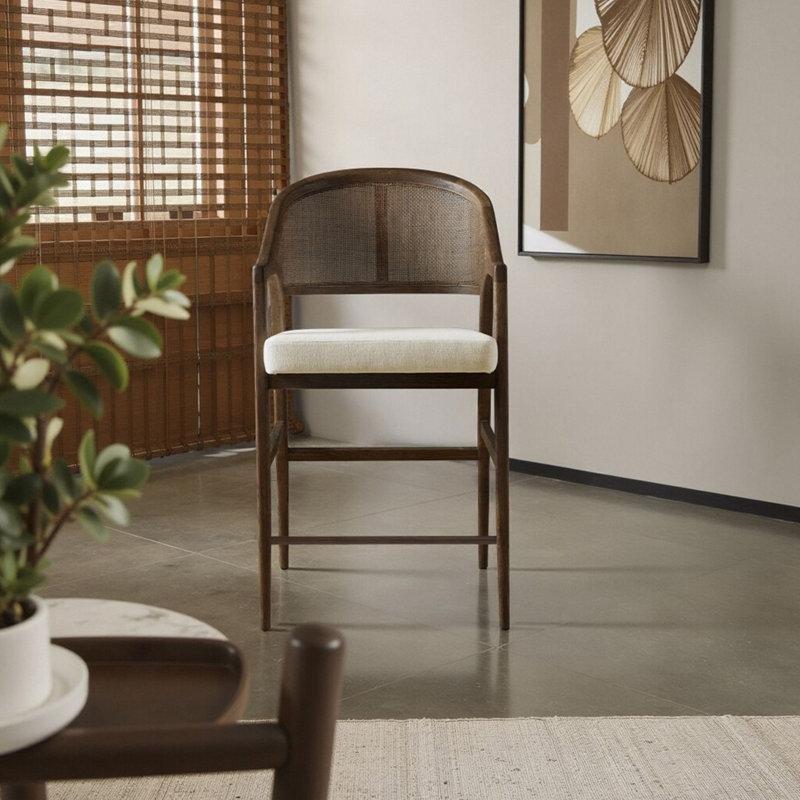 Bej Masif Meşe Rattan Sırtlı Kolçaklı 2li Set Hasır Bar Sandalyesi - 64 cm - 148227