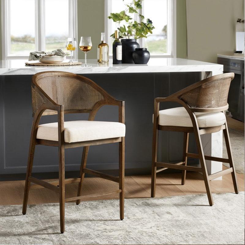 Bej Masif Meşe Rattan Sırtlı Kolçaklı 2li Set Hasır Bar Sandalyesi - 64 cm - 148227