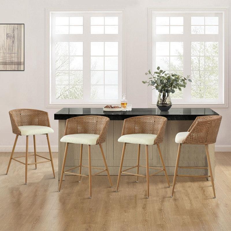 Bej Metal Kolçaklı Bukle Kumaş 4lü Set Hasır Bar Sandalyesi - 69 cm - 148146