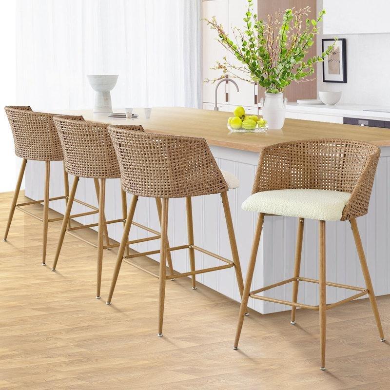 Bej Metal Kolçaklı Bukle Kumaş 4lü Set Hasır Bar Sandalyesi - 69 cm - 148146
