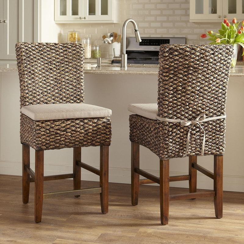 Bej Minderli Fındık Kahvesi Masif Ahşap Tam Sırtlı 2li Set Hasır Bar Sandalyesi - 63 cm - 148221