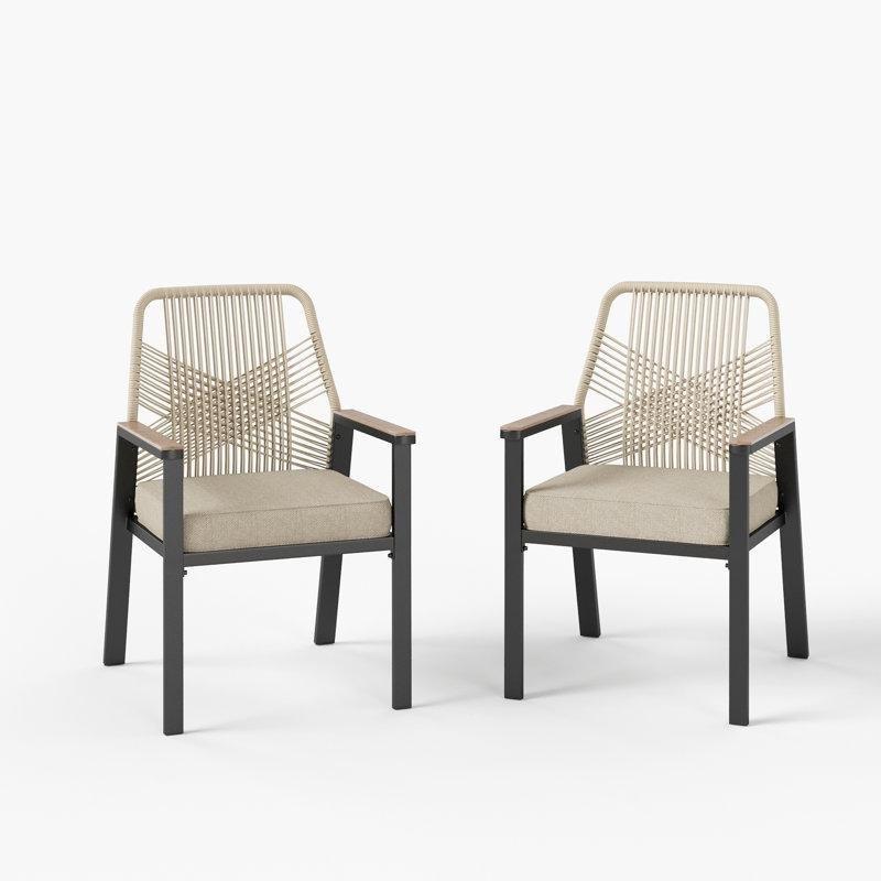 Bej Minderli Siyah Metal Rattan 2li Set Balkon Sandalyesi - 145434