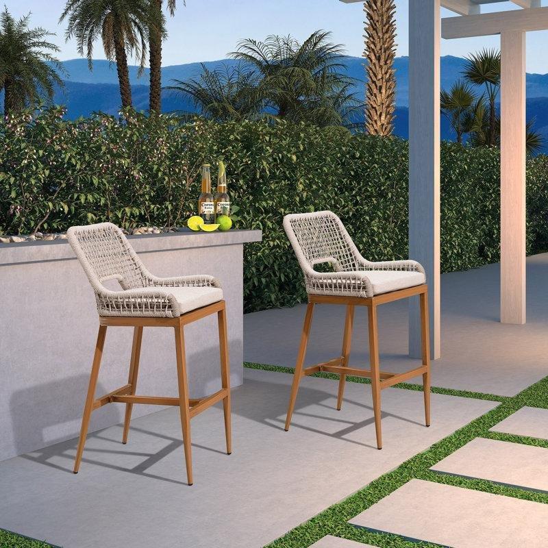 Bej Minderli Tik Kaplama Alüminyum Kolçaklı Hasır Bar Sandalyesi 2li Set - 63 cm - 148281