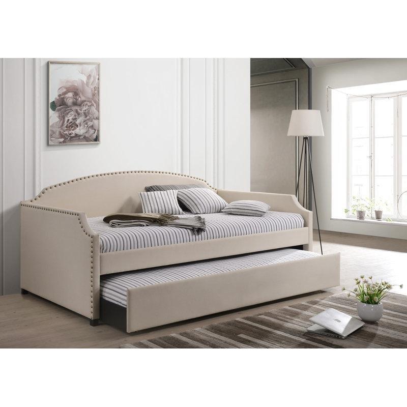 Bej Polyester Döşemeli Masif Ahşap Kabara Detaylı ve Yavru Yataklı Daybed Karyola - 108x209 cm - 142729