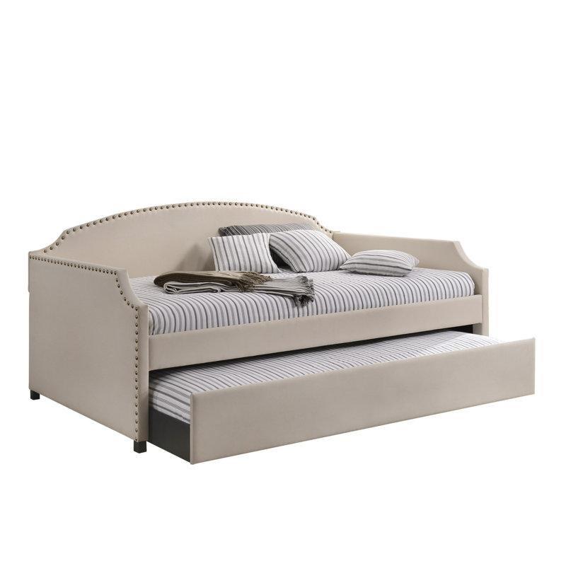Bej Polyester Döşemeli Masif Ahşap Kabara Detaylı ve Yavru Yataklı Daybed Karyola - 108x209 cm - 142729
