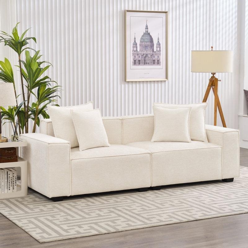 Bej Şönil Kumaş Kare Kollu Yastık Sırtlı 3 Kişilik Koltuk - 227 cm - 151651