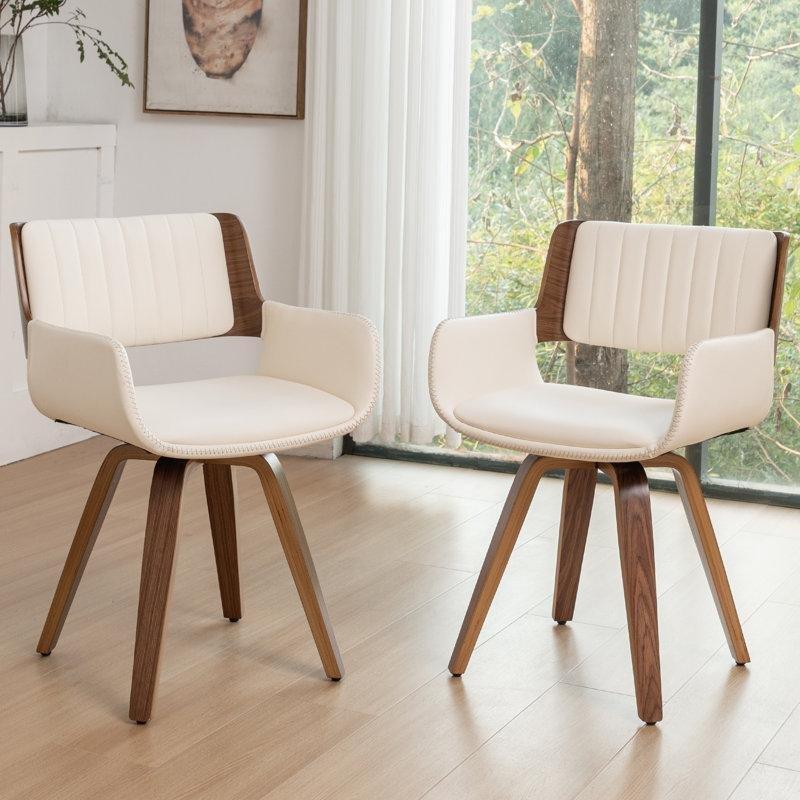 Bej Suni Deri Döşemeli Döner Kolçaklı Ceviz Sandalye Seti 2 Adet - 145725