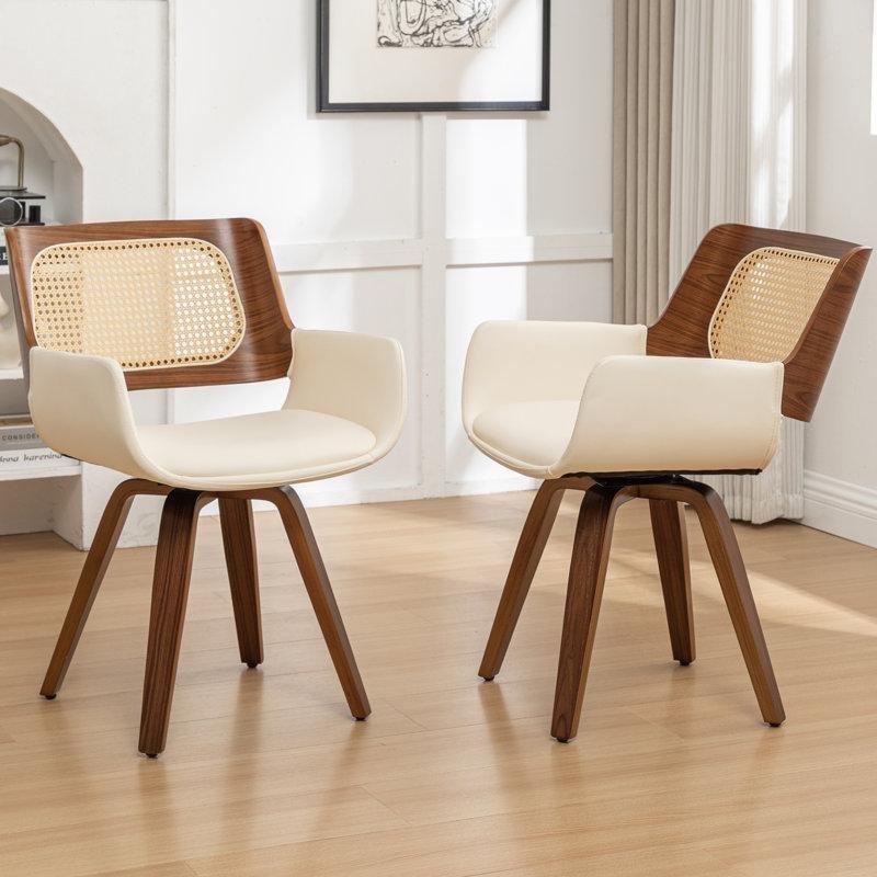 Bej Suni Deri Döşemeli Hasır Sırtlı Döner Ceviz Sandalye - 2li Set - 145710