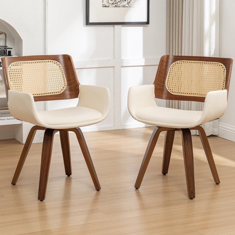 Bej Suni Deri Döşemeli Hasır Sırtlı Döner Ceviz Sandalye - 2li Set - 145710