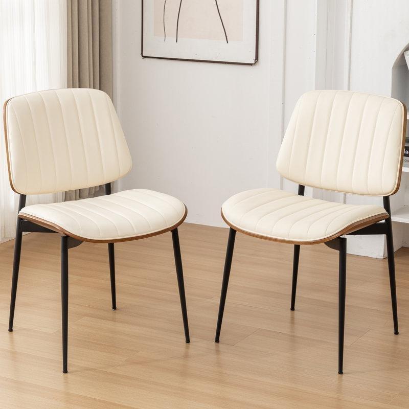 Bej Suni Deri Döşemeli Metal Ayaklı Bükme Ahşap Ceviz Sandalye 2li Set - 145707