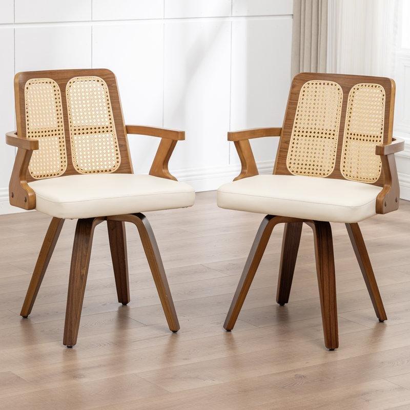 Bej Suni Deri Döşemeli Rattan Sırtlı Döner Kolçaklı Ceviz Sandalye 2li Set - 145626