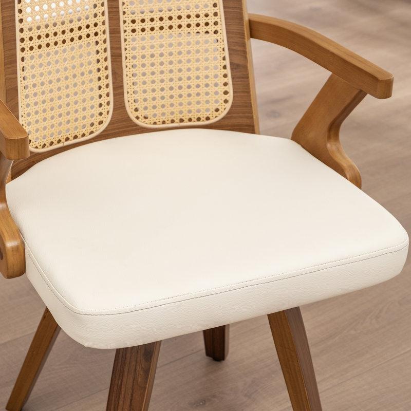 Bej Suni Deri Döşemeli Rattan Sırtlı Döner Kolçaklı Ceviz Sandalye 2li Set - 145626