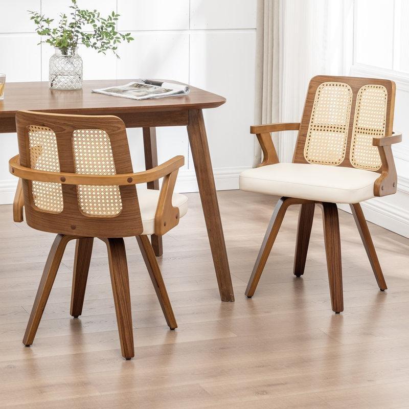 Bej Suni Deri Döşemeli Rattan Sırtlı Döner Kolçaklı Ceviz Sandalye 2li Set - 145626