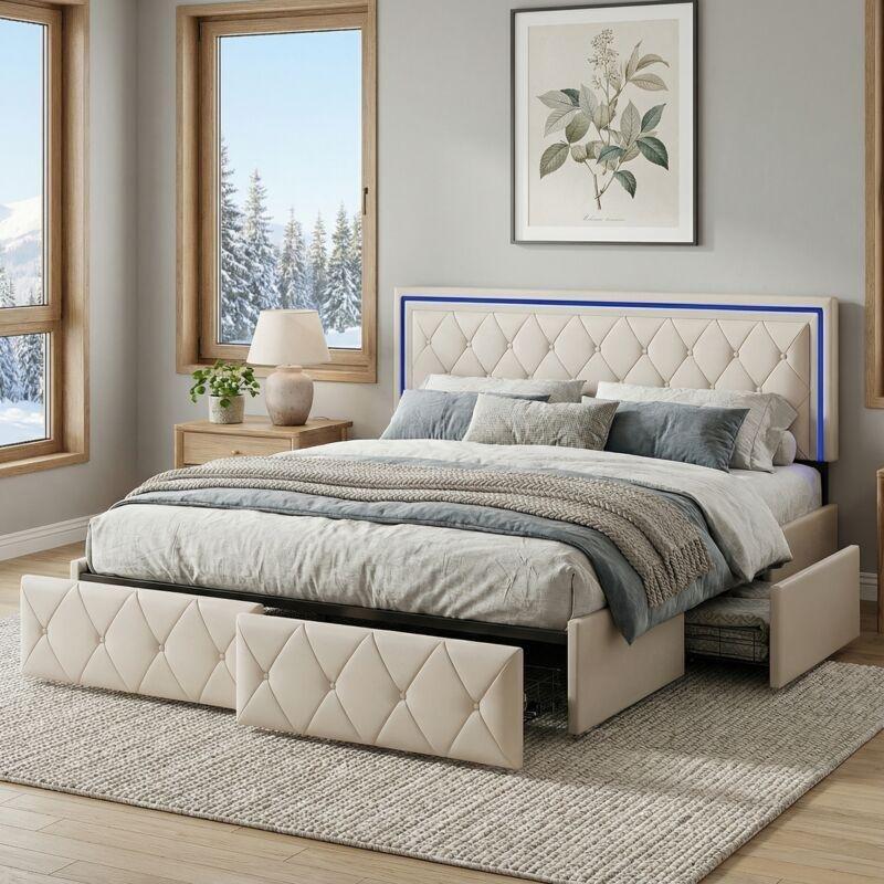 Bej Suni Deri Kapitoneli 4 Çekmeceli LED Işıklı Baza - 140x200 cm - 143895