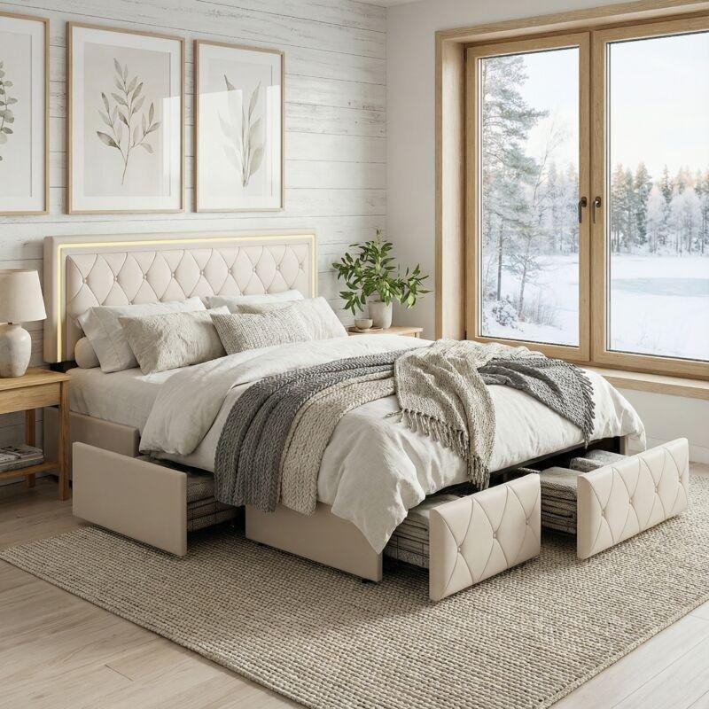 Bej Suni Deri Kapitoneli 4 Çekmeceli LED Işıklı Baza - 140x200 cm - 143895