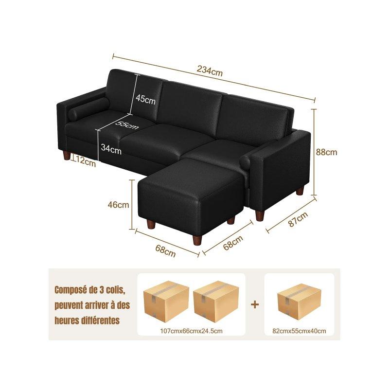 Bej Suni Deri Puflu ve Yastıklı 3 Kişilik Koltuk - 234x155x88 cm - 155356