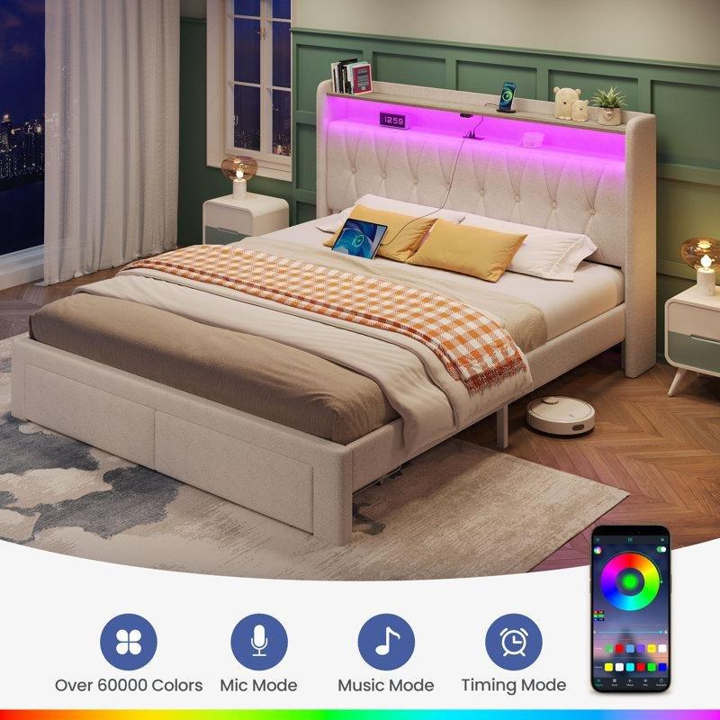 Bej Teddy Kumaş Döşemeli RGB LED Aydınlatmalı Şarj İstasyonlu ve Çekmeceli Karyola - 143011