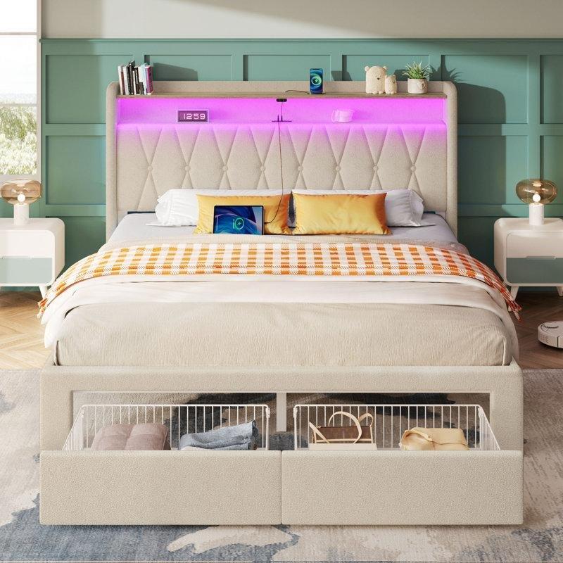 Bej Teddy Kumaş Döşemeli RGB LED Aydınlatmalı Şarj İstasyonlu ve Çekmeceli Karyola - 143011