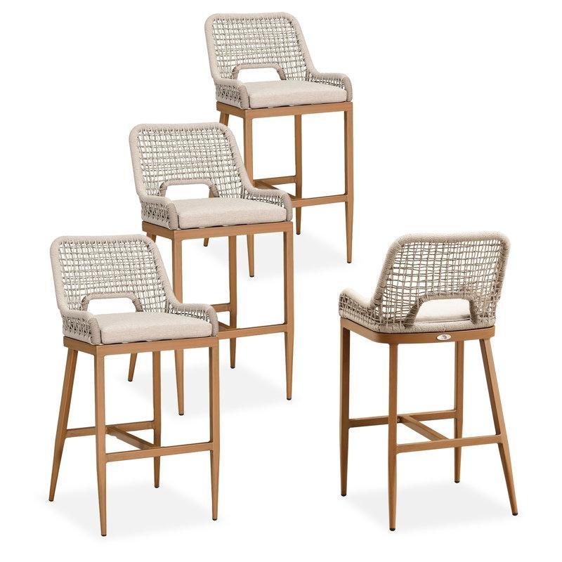 Bej Tik Rengi Alüminyum Kolçaklı 4lü Hasır Bar Sandalyesi Seti - 63 cm - 148272