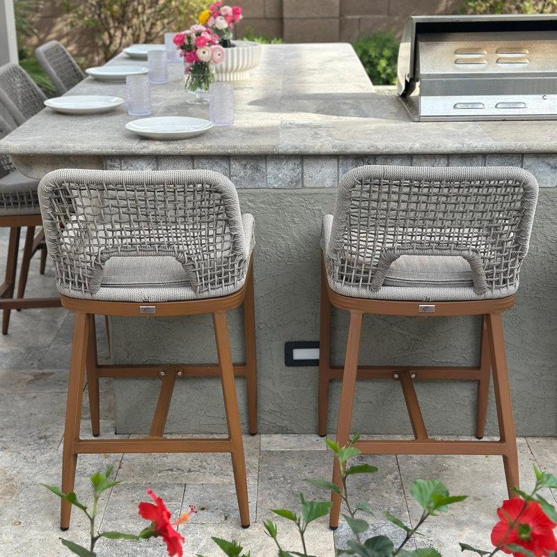 Bej Tik Rengi Alüminyum Kolçaklı 4lü Hasır Bar Sandalyesi Seti - 63 cm - 148272